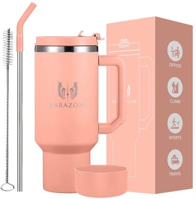 40 oz Beker met Handvat en Rietje - Geïsoleerde RVS Reismok met Lekvrij Deksel en Siliconen Laars