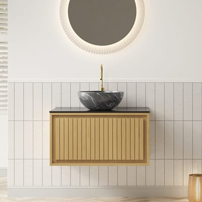 Wishdor - Hangend Badkamermeubel - Met Lade En Opzetwastafel - Modern - Keramiek En Sintersteen - Zwart En Eikenkleurig