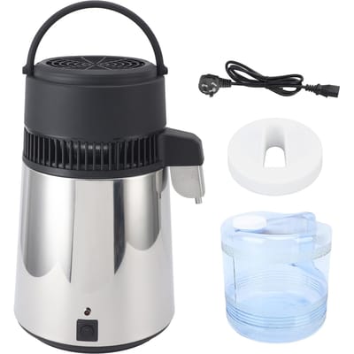 Distillateur d'eau 4L 750W Argent Bouton unique Bouteille bleue Protection contre la surchauffe Complètement L