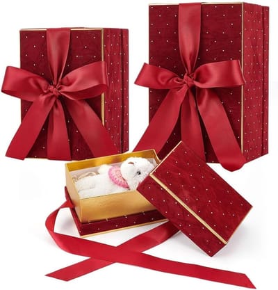 Donkerrode geschenkdozen met fluwelen deksel en lint, elegante verpakkingen voor bruiloften, verjaardagen en afstudeerfeesten
