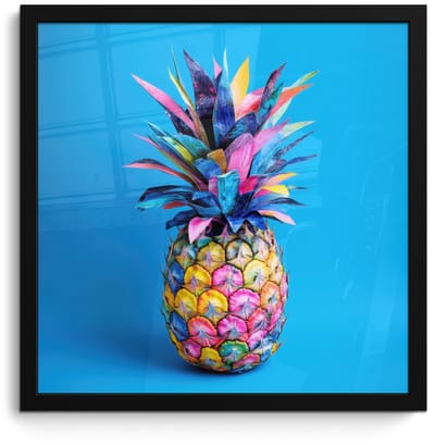 Poster in lijst - Fotolijst 40x40 cm - Posters - Ananas - Blauw - Tropisch - Vrolijk - Posterlijst zwart - Decoratie - Wanddecoratie woonkamer - Muurdecoratie slaapkamer