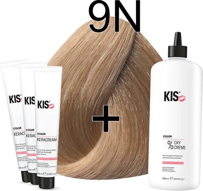Kis KeraCream Color - 100ml - Haarverf Set - 9N Zeer lichtblond | KIS - (3 x haarverf & 1L waterstofperoxide)