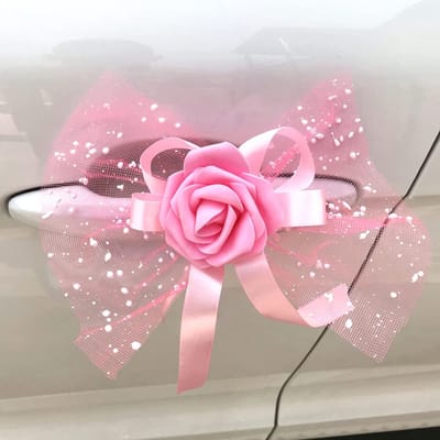 JHUBERS- Bruiloftsautodecoraties Set van 4 - Roze Bloemen - Antennestrikken - Achteruitkijkspiegel Decoratie - Deurgreep Versiering - Polyester en Mesh Materialen - Autodecoratie