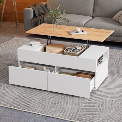 MODENUIT Salontafel - Hefbaar Tafelblad Met 2 Laden En Opbergruimte - Voor Woonkamer - Spaanplaat - Wit 100x50x40 Cm
