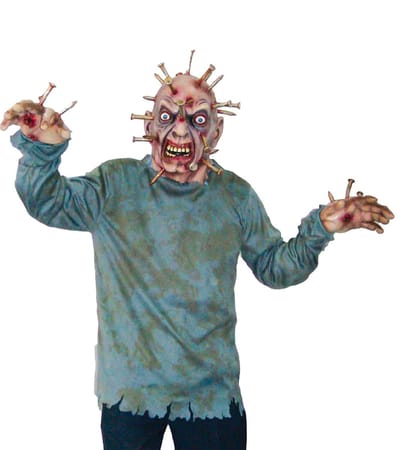Funny Fashion - Monster & Griezel Kostuum - Horror Masker Spijkers In Hoofd | Man - groen,beige - One Size - Halloween - Verkleedkleding