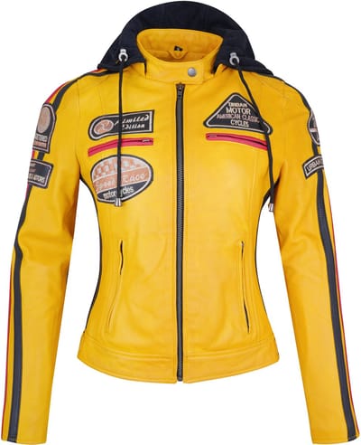 Urban 5884® Gele Dames Leren Bikerjas – Model 58 – Echt Lamsleer – Hoodie – Maat S