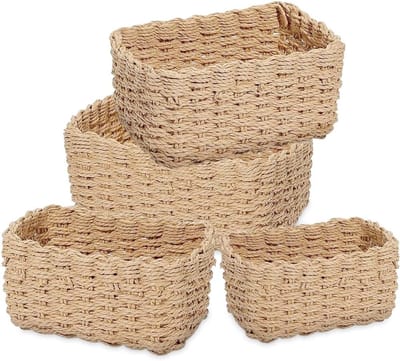 Set van 4 gevlochten opbergmanden, opbergmand, stapelbaar, papieren touw, gevlochten opbergmand, gevlochten luiertafel, opbergmand voor keuken, badkamer, speelgoedmanden opslag