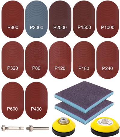 Schuurblokken Set 128-delig - 75mm Klittenband Schijven 80-3000 Korrel - Schuurmateriaal voor Boormachines en Schuurmachines - Professionele Polijstschijven voor Hout, Metaal, Kunststof - Inclusief Opzetstukken en Handvatten