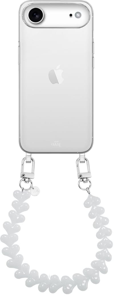 xoxo Wildhearts siliconen hoesje geschikt voor iPhone 17 Air hoesje - Funky Hearts - Telefoonhoesje - Hoesje met koord - Wit koord - kort telefoonkoord - Hartjes ketting - Transparant hoesje