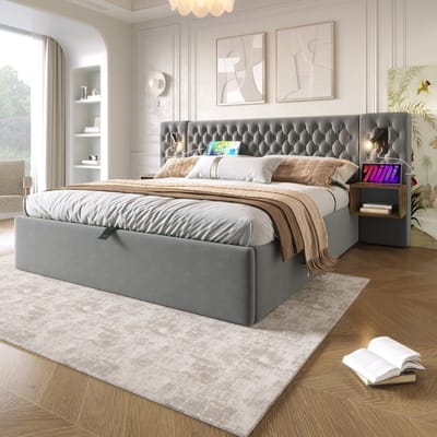 Slaapkamer Bed Set 160x200 cm - Gepolsterd Bed Met Hydraulische Opbergruimte, 2 Nachtschranken, Leeslampen & USB Opladen - Grijs Velvet (Zonder Matras)