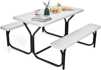 Picknicktafel met banken - Tuinzitgroep - Buiten eten - Ruim HDPE blad - 137 x 150 cm - Wit