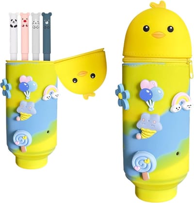 Zachte silicone pouches voor pennen, opvouwbare penmat en schattige pennenhouder voor school en kantoor, inclusief uitwisbare pen in vrolijk geel