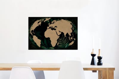 Aluminium schilderij 90x60 cm - Wanddecoratie metaal - Wereldkaart - Wereldbol - Planten - Metalen muurdecoratie woonkamer - Decoratie industrieel - Foto op dibond - Industriële accessoires slaapkamer