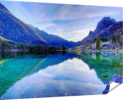 Gards Tuinposter Meer met Weerkaatsing in de Bergen - 180x120 cm - Tuindoek - Tuindecoratie - Wanddecoratie buiten - Tuinschilderij