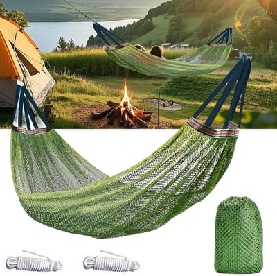 Hangmat - Buitenhangmat - Draagbare hangmat - Campinghangmat - Campingaccessoires - Geschikt voor terrassen - Camping - Groen - 260*130 cm - Inclusief opbergtas - Bevestigingsbanden