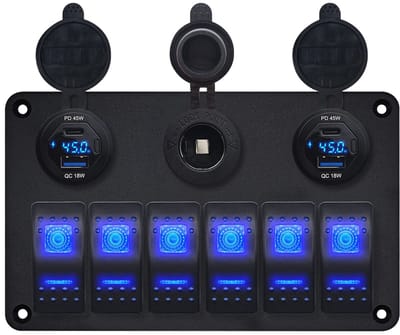 ProRide Schakelpaneel 12V voor Auto/Boot - 4 USB/USB C Poorten met Wattagemeter - 45W/QC3.0 - 6 schakelaars + 12V/24V stopcontact
