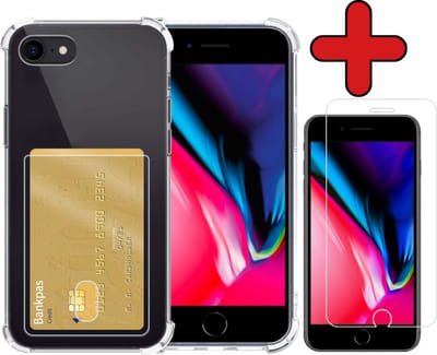 Hoesje - Geschikt voor Apple iPhone 7 - Met Screenprotector - Pashouder - Kaarthouder - Back Cover - Telefoon Hoes Shockproof - Siliconen Case - Shock Proof - Pasjes Houder - Telefoonhoes - Transparant