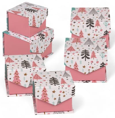 Dailygoods- Geschenkdozen met deksel - 6-delige set - Opklapbaar - Dennendesign - Roze/mint - 11 x 10,8 x 8,6 cm / 8 x 7,9 x 6,1 cm - Cadeaudozen
