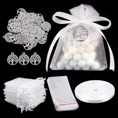 Tree of Life Hangers en Kettingen met Organza Tassen en Witte Ribbons voor Communie, Doop, Bruiloft en Cadeauverpakking