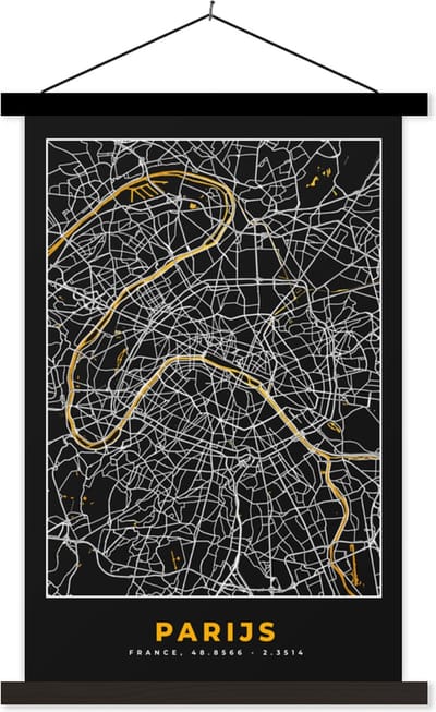 Posterhanger incl. Poster 40x60 cm - Schoolplaat - Parijs - Stadskaart - Goud - Plattegrond - Kaart - Textielposter - Zwarte latten - Stadskaart