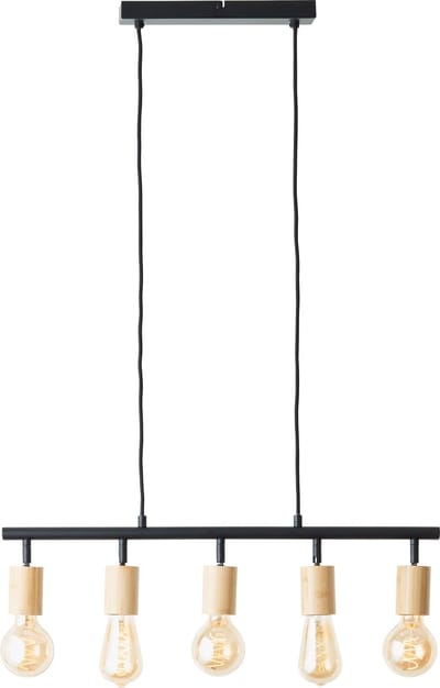 Tiffany bar hanglamp 5 lampen mat zwart/natuurlijk metaal/bruin kunststof 5x A60, E27, 28 W