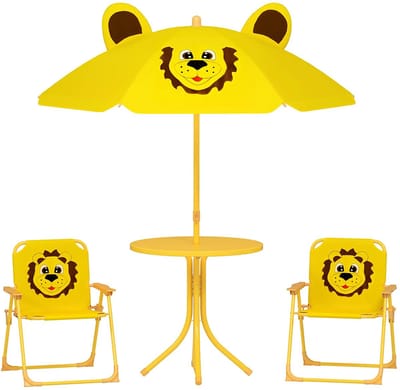 Sweiko Kinderzitjeset - Tuintafel + 2 klapstoelen - Met parasol - Geel