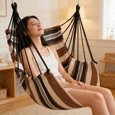1 Stuks Comfortabele Hangstoel, Hangmatstoel Met Groot Dik Kussen, Klassieke Strepen Schommelstoel Voor Slaapkamer, Terras, Balkon, brown