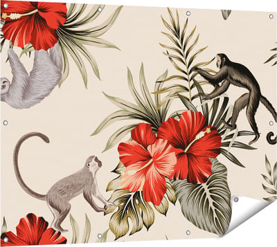 Gards Tuinposter Tropische Bloemen met Apen Achtergrond - 120x90 cm - Tuindoek - Tuindecoratie - Wanddecoratie buiten - Tuinschilderij