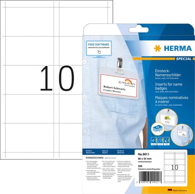 HERMA printeretiketten Inserts for name badges A4 90x54 mm white cardboard perforated non-adhesive 250 pcs.