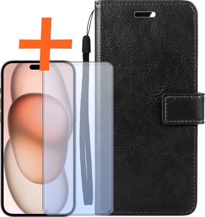 Hoes - Met Screenprotector - Geschikt voor Apple iPhone 15 - Luxe Pasjeshouder - Bookcase Portemonee - Flip Case - Kunstleer Book Case - Flipcase - Book Cover - Walletcase - PortemonneeHoes - Zwart