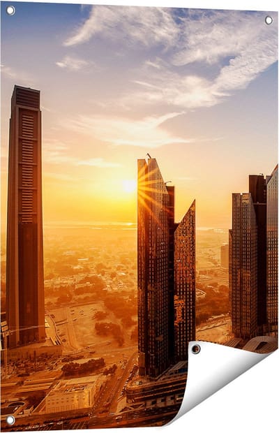 Gards Tuinposter Dubai Stad bij Zonsopgang - 60x80 cm - Tuindoek - Tuindecoratie - Wanddecoratie buiten - Tuinschilderij