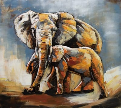 Schilderij - Metaalschilderij - Olifant en kalf, handgeschilderd op metaal 100x100cm