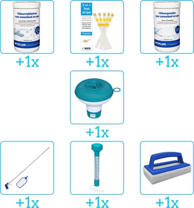 Zwembad Onderhoudspakket - Onderhoud Zwembad - bevat Chloor - Testrips - Chloor - Chloordrijver - Schoonmaakset - Thermometer en Scrubborstel (7-delig)