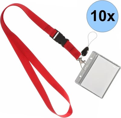 10 Rode Keycords Met Badgehouders - Keycord + Badgehouder Plastic XL - Sleutelkoord - Badgehouder - 51cm - 20mm - Rood - 10 Stuks