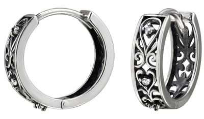 Joy|S - Zilveren Bali oorringen - 14 mm / 4.1 mm - klap scharnier sluiting - filigraan sierlijk bewerkte oorbellen - geoxideerd - zirkonia - sterling zilver 925
