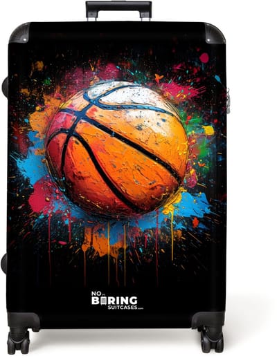 NoBoringSuitcases.com® - Koffer groot - Reiskoffer lichtgewicht - Oranje basketbal te midden van verfspetters - Rolkoffer met 4 wielen - Grote trolley XL - 98 liter bagage