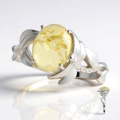 Cavill - Zilveren ring - 925 Sterling zilver gerhodineerd - Baltische citroen barnsteen 1 ct ovaal cabochon - Elegant bladmotief dames sieraad