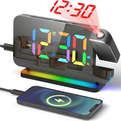 Projectiewekker met 8 Inch LED Spiegelklok en RGB Kleuren - Draaibare Wekkerradio met Sluimerfunctie