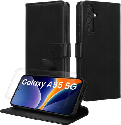 kwmobile telefoonhoesje geschikt voor Samsung Galaxy A55 5G hoesje - Smartphone case met pasjeshouder - RFID-blokkering en screenprotector - In zwart