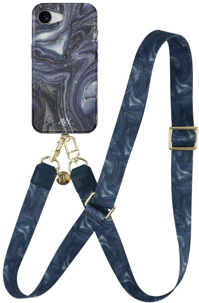 AVY Hoesje Met Telefoonkoord | Geschikt voor Apple iPhone 17e / 16e | Compatibel met MagSafe | Hard Shell Back Cover | Stijlvol Bijpassend Koord 130CM | Obscura Blue | Blauw
