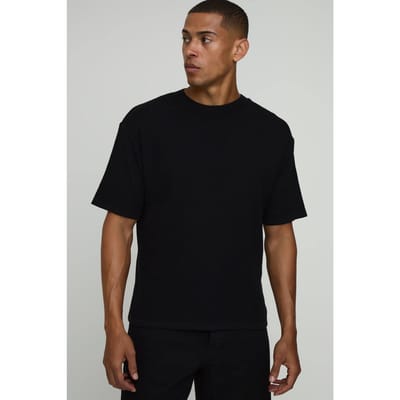 Regular Fit Waffle Knitted T-Shirt | Black | Size Small