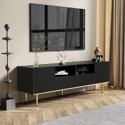 Wishdor - Tv-Meubel - Met 2 Vakken En 2 Lades - Greeploos One-Click-Open - Spaanplaat - Zwart Met Goud - 165 X 36 X 55 Cm