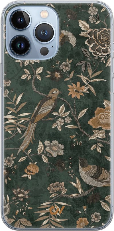 Hoesje geschikt voor Apple iPhone 13 Pro Max - Khaki Golden Flowers - - Groen - Apple - Casevibes