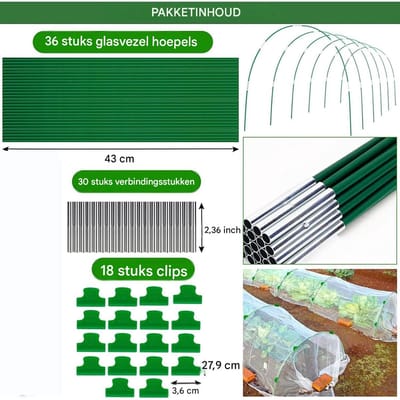 GELLDG 36 Stuks - Folietunnel Bögen - Tuin Tunnelbogen - 42,5 cm - Duurzaam en Gemakkelijk te Monteren - Geschikt voor Plantensteun en Kasconstructie - Kunststof - Incl. Complete Set Tuinaccessoires
