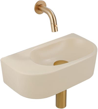 QeramiQ Fuente Fonteinset - 40x21.5x12cm - glad - halfrond - zonder kraangat - keramiek - fonteinkraan geborsteld messing - afvoerplug - verlaagd sifon - beige