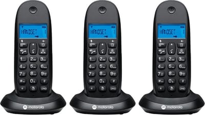 Motorola C1001CBW+ - Set van 3 DECT digitale draadloze telefoons - Gespreksblokkering, nummerweergave, handsfree, telefoonboek voor 50 nummers, verlicht display - Zwart