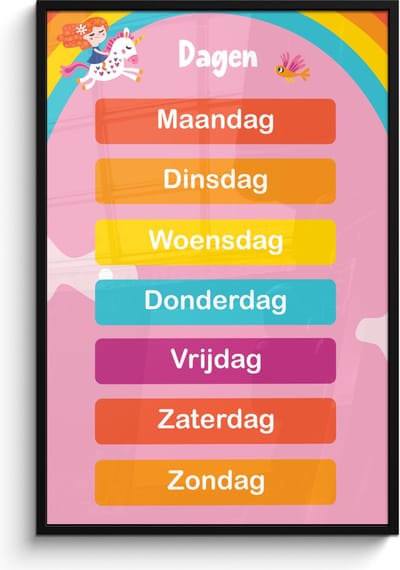 Poster in lijst - Fotolijst 80x120 cm - Posters - Dagen van de week - Educatief - Leren voor kinderen - Roze - Posterlijst zwart - Kamer decoratie - Wanddecoratie kinderkamer - Muurdecoratie babykamer