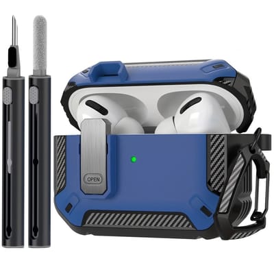 Blauw robuust hoesje voor oordopjes met carbon look geschikt voor AirPods Pro 2 inclusief schoonmaakset en karabijnhaak – schokbestendig en duurzaam
