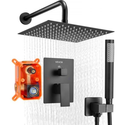 VEVOR Douchekraan Regendouchesysteem voor Badkamer Douchesysteem met 254 mm Vierkante Regendouchekop & Handdouche, Wandgemonteerde Badkamerkranen met Messing Klep & Afwerkingsset, Mat Zwart