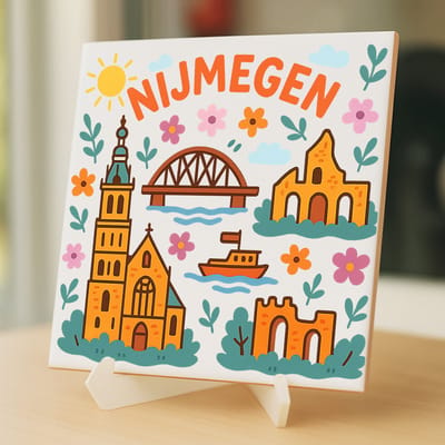 Tegeltje Nijmegen - 15×15 cm – Keramiek – Decoratief Souvenir – Inclusief Transparante Houder / Ezel – Cadeau - Tegeltjes met tekst